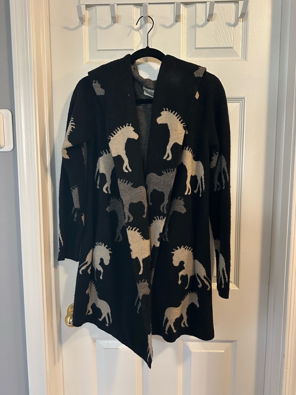 Anthropologie Black Cardigan with Taupe Horse Motif